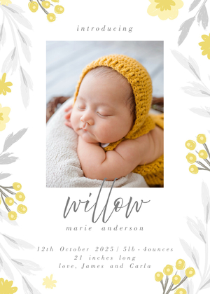 Yellow and Grey Florals Birth Announcement Yellow and Grey Florals Birth Announcement